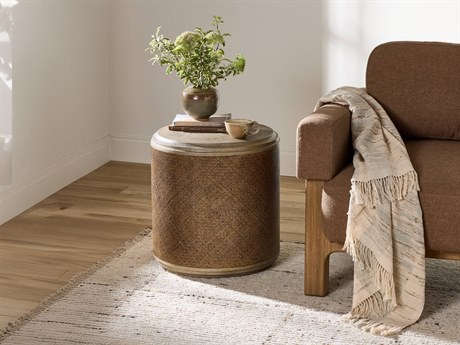 Four Hands Hughes Kiara Round Wood Weathered Blonde Pine Rustic Rattan End Table