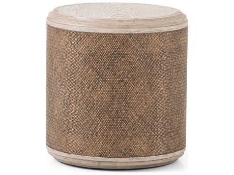 Four Hands Hughes Kiara Round Wood Weathered Blonde Pine Rustic Rattan End Table