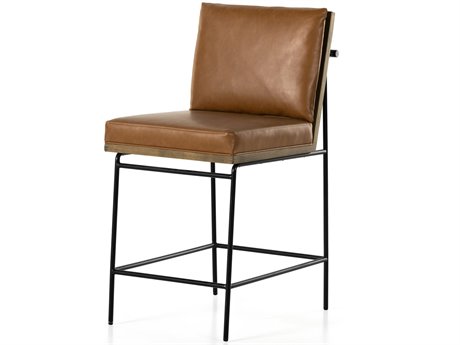 Four Hands Westgate Crete Leather Oak Wood Amber Midnight Iron Sierra Butterscotch Counter Stool