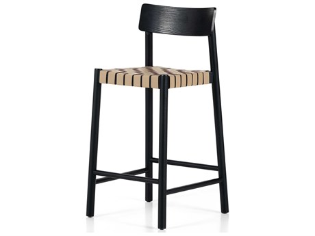 Four Hands Allston Heisler Leather Ash Wood Black Veneer Almond Blend Counter Stool