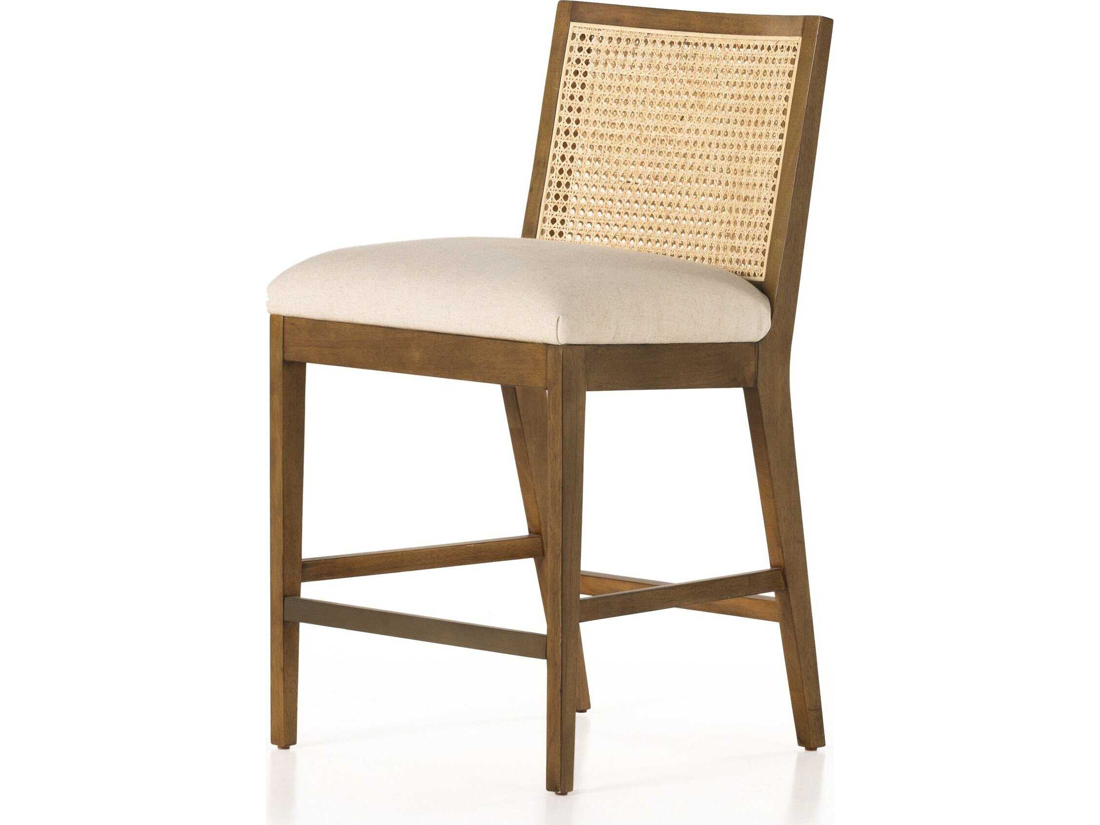 Annette Coastal Beige Performance Natural Woven Cane Wood Frame Counter Stool