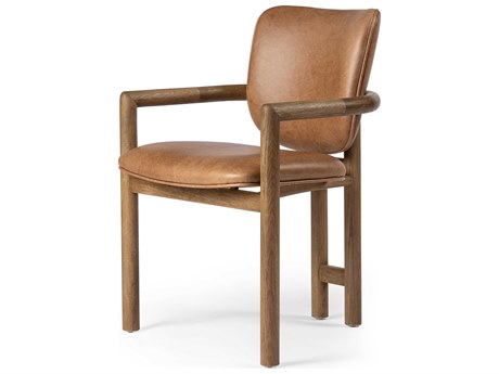 Four Hands Irondale Madeira Leather Oak Wood Brown Upholstered Arm Dining Chair