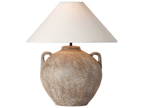 Four Hands Ryker Vintage Brown Ceramic Ivory Linen White LED Table Lamp