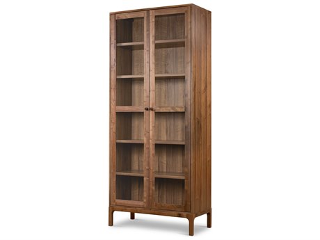 Four Hands Wallis Arturo Walnut Wood Natural Veneer Tempered Glass Display Cabinet