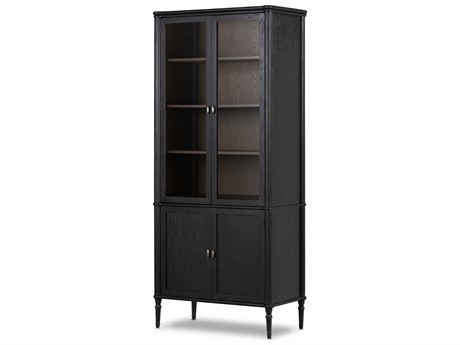Four Hands Collins Toulouse Oak Wood Distressed Black Honey Grey Aged Brass Display Cabinet