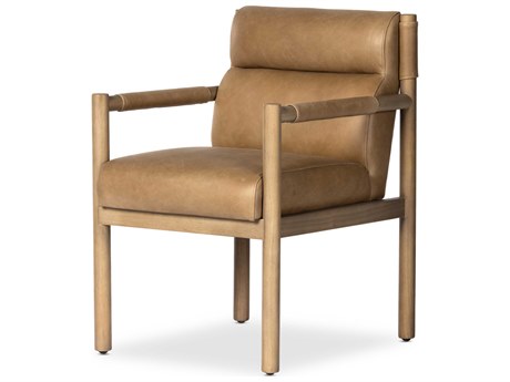 Four Hands Caswell Kiano Leather Parrawood Brown Upholstered Arm Dining Chair