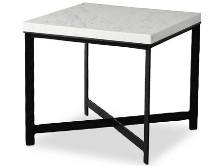 Four Hands Element Square White Marble Hammered Black Iron End Table