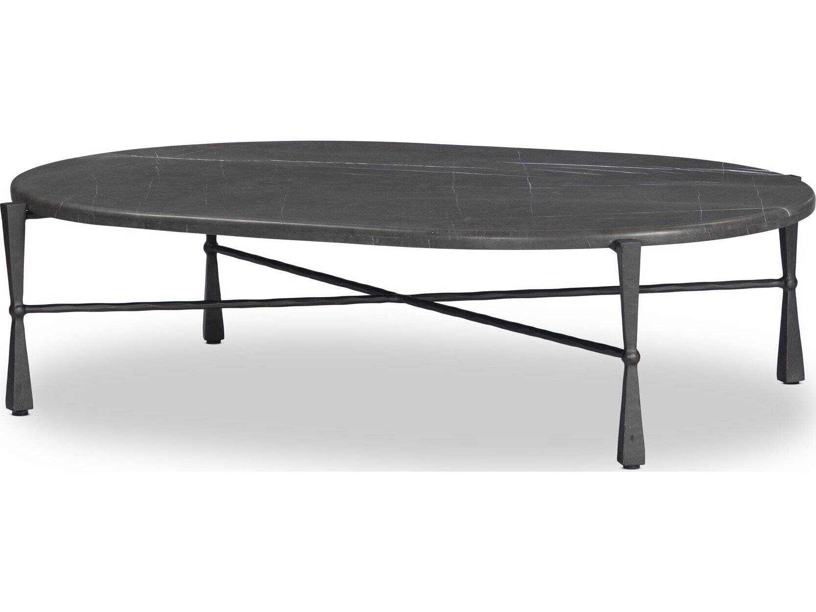 Rayna Updated Traditional Grey Marble Black Iron Oval Coffee Table