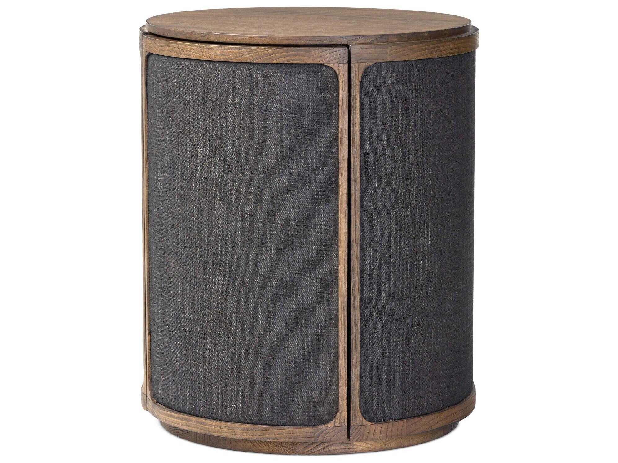 Bertie Rustic Lodge Black Painted Linen Brown Wood Round Storage End Table