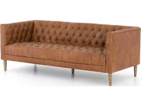 Four Hands Carnegie Williams Natural Washed Camel Weathered Oak Brown Leather Sofa