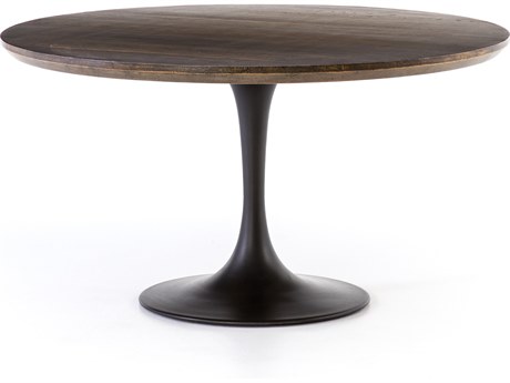 Four Hands Hughes Powell Round Wood Dark Rustic Black English Brown Oak Veneer Dining Table