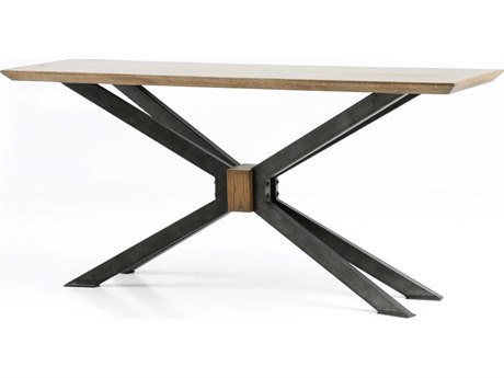 Four Hands Hughes Spider Rectangular Wood Light Rustic Black Bright Brass Clad Sandy Oak Console Table