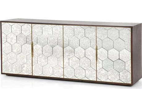 Four Hands Hughes Cybil 78" Walnut Wood Dark Antique Mirror Polished Brass Sideboard