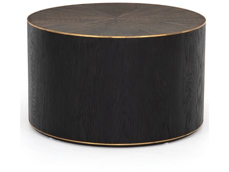 Luxecor Globetrotter Perry Round Wood Bright Brass Clad Ebony Light Coffee Table