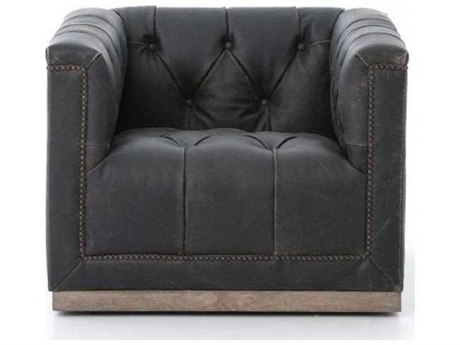 Four Hands Kensington Maxx Swivel Black Leather Club Chair