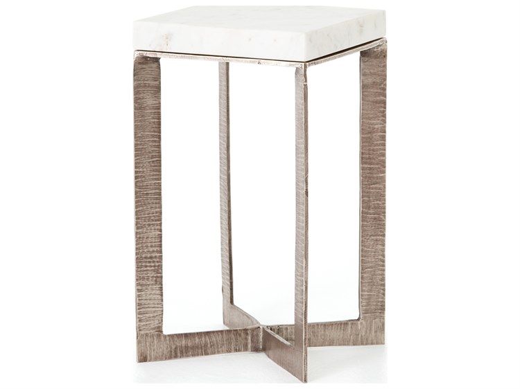 Four Hands Marlow Brushed Nickel Polished White Marble 12 Wide Square End Table
