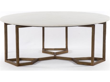 Four Hands Marlow Naomi Round Raw Brass Polished White Marble Coffee Table