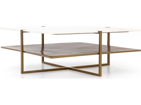 Four Hands Marlow Olivia Square Antique Brass Polished White Marble Coffee Table