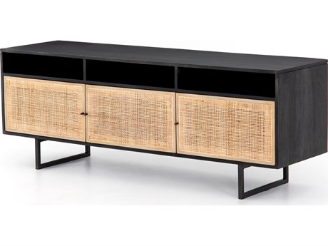 Four Hands Prescott Carmel Rectangular Wood Natural Cane Mango Black Wash Charcoal Grey Console Table