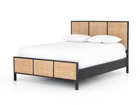 Four Hands Prescott Sydney Black Wash Natural Cane Mango Wood Queen Panel Bed