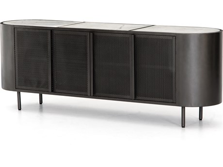 Four Hands Rockwell Libby Oval Gunmetal Perforated Polished White Marble Console Table