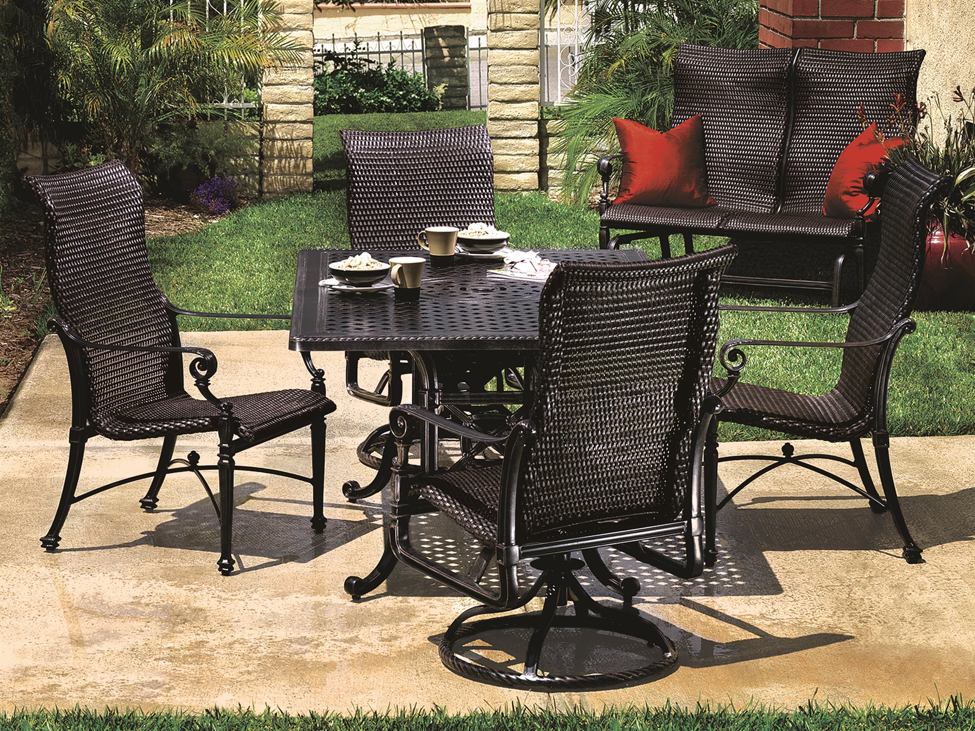 Gensun Grand Terrace Woven Cast Aluminum Dining Set GESGRNDTRRCEWVNDINSET