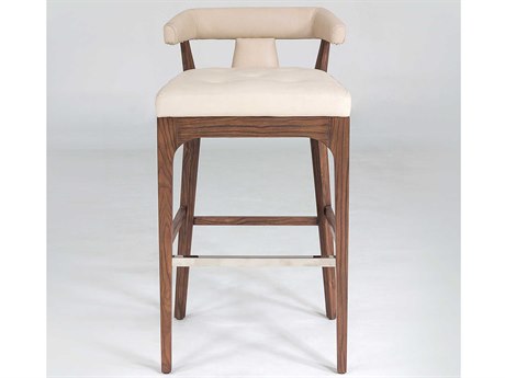 Global Views Leather Walnut Wood Natural Polished Stainless Steel Bar Stool