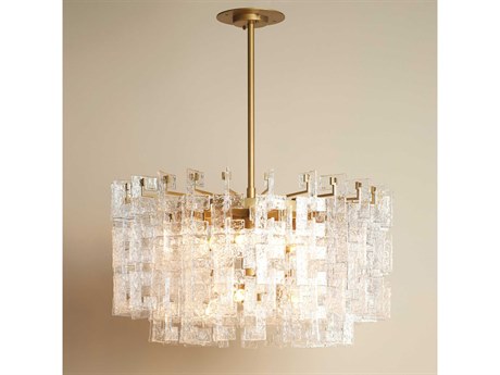 Global Views 12-Light Brushed Brass Crystal Clear Glass Pendant