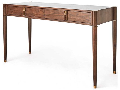Global Views Triple Curve Walnut Antique Brass Brown Acacia Wood Writing Desk