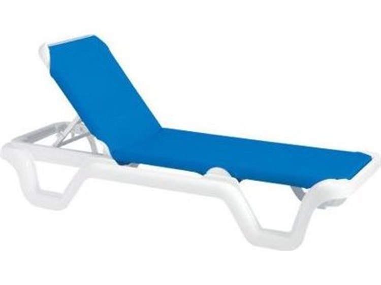 Grosfillex Marina Sling Resin White Adjustable Outdoor Chaise Lounge in Blue