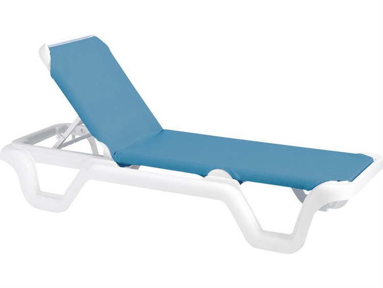 Grosfillex Marina Sling Resin White Adjustable Outdoor Patio Chaise Lounge in Sky Blue