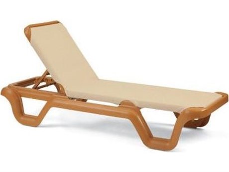 Grosfillex Marina Sling Resin Teakwood Adjustable Chaise Lounge in Khaki