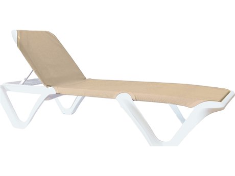 Grosfillex Nautical Pro Sling White Stacking Adjustable Chaise Lounge in Khaki