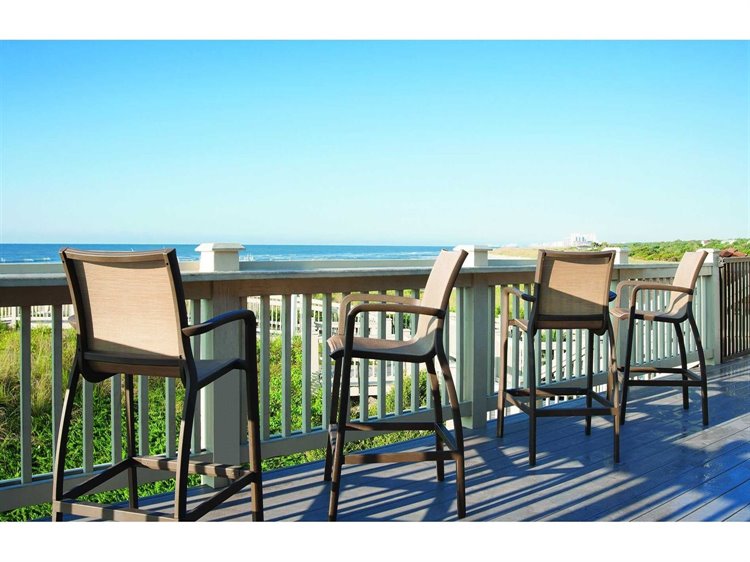 Grosfillex Sunset Sling Fusion Bronze Aluminum Resin Patio Bar Stool Set in Cognac