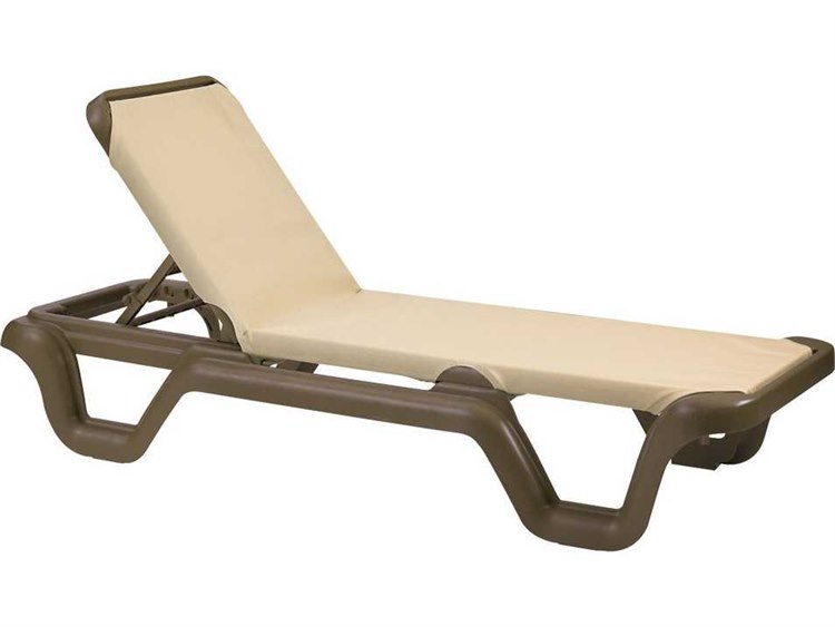 Grosfillex Marina Sling Resin Bronze Mist Adjustable Chaise Lounge in Khaki