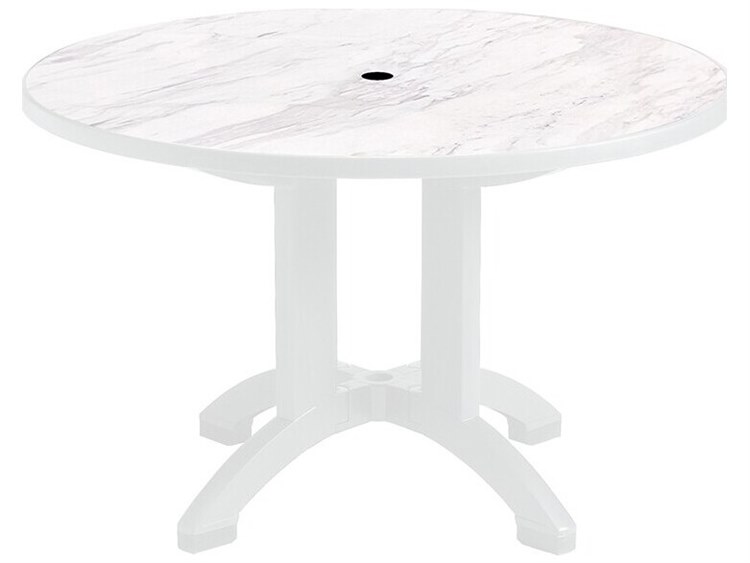 Grosfillex Aquaba Classic Resin White Marble/ White 48" Round Dining Table with Umbrella Hole