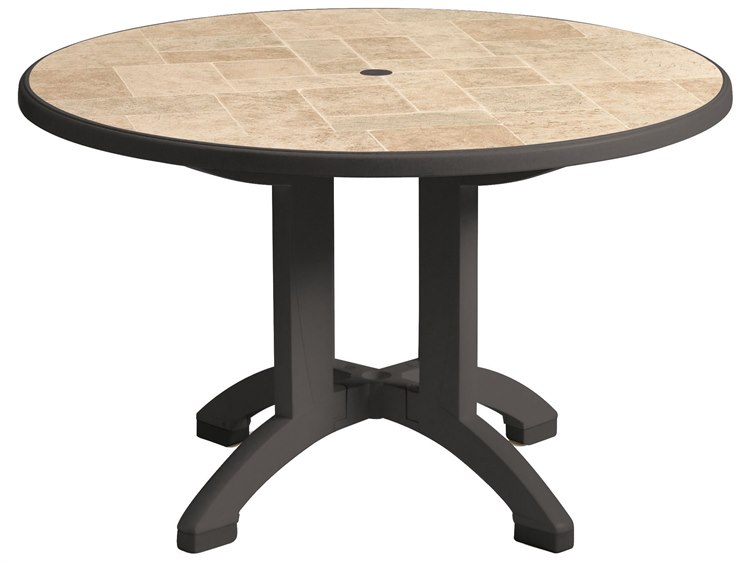 Grosfillex Aquaba Classic Resin Charcoal 48" Round Toscana Top Dining Table with Umbrella Hole