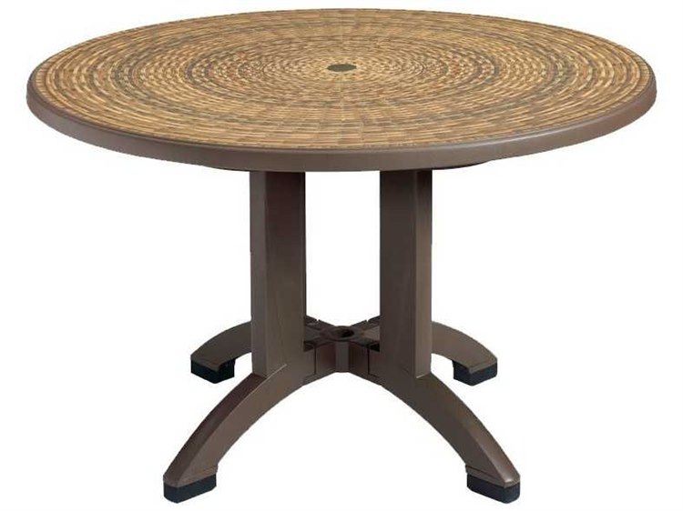Grosfillex Aquaba Classic Resin Espresso 48" Round Wicker Top Dining Table with Umbrella Hole