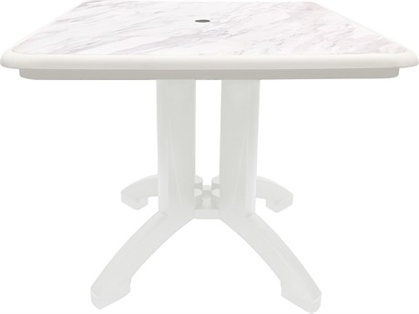 Grosfillex Aquaba Resin White/White Marble 32" Square Dining Table with Umbrella Hole