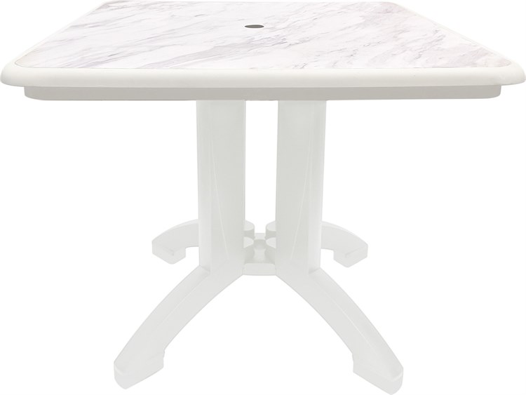 Grosfillex Aquaba Resin White/White Marble 32" Square Dining Table with Umbrella Hole