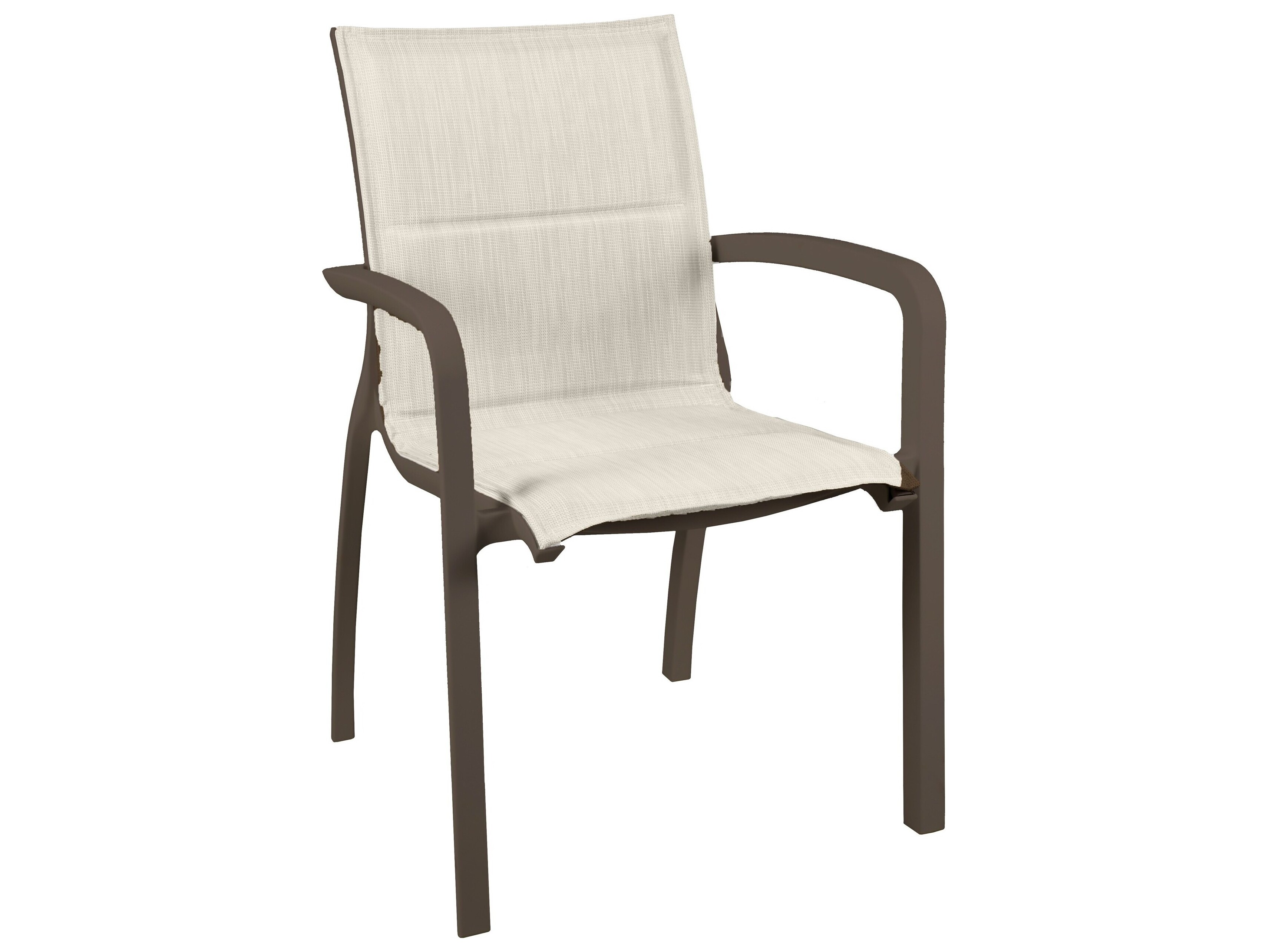 Grosfillex Sunset Sling Aluminum Resin Fusion Bronze Stacking Dining Arm Chair in Beige GXUS900599