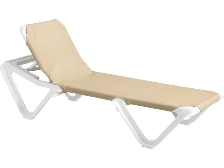 Grosfillex Nautical Sling Resin White Adjustable Chaise Lounge in Khaki