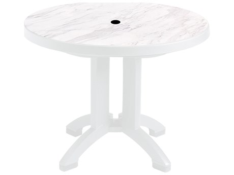 Grosfillex Aquaba Resin White Marble/White 38" Round Dining Table with Umbrella Hole