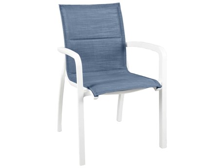 Grosfillex Sunset Sling Aluminum Glacier White Comfort Stacking Outdoor Dining Arm Chair in Madras Blue