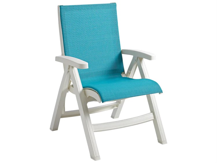Grosfillex Jamaica Beach Sling Resin White Midback Folding Lounge Chair in Turquoise