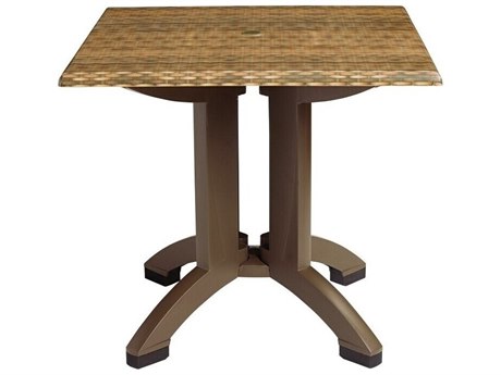 Grosfillex Atlanta Resin Wicker Decor 32" Square Dining Table with Umbrella Hole