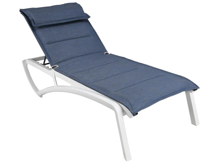 Grosfillex Sunset Sling Aluminum Resin Glacier White Comfort Outdoor Patio Chaise Lounge in Madras Blue