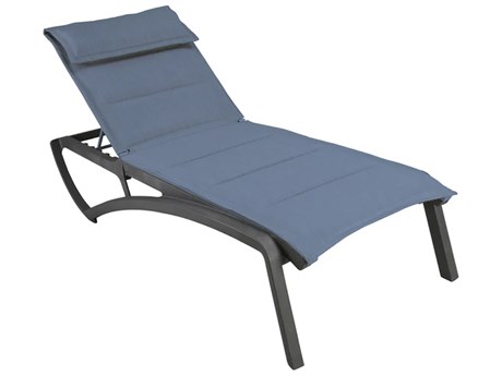 Grosfillex Sunset Sling Aluminum Resin Volcanic Black Comfort Chaise Lounge in Madras Blue
