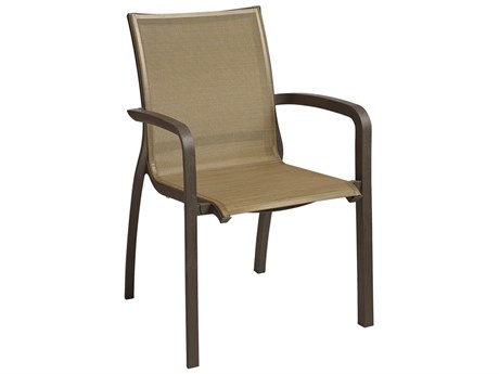 Grosfillex Sunset Sling Aluminum Fusion Bronze Stacking Dining Arm Chair in Cognac