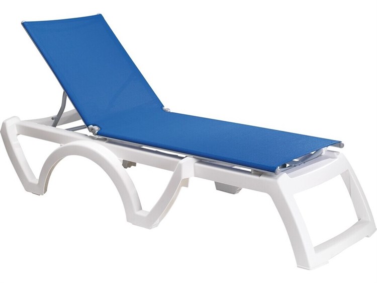 Grosfillex Jamaica Beach Sling Resin White Adjustable Chaise Lounge in Blue